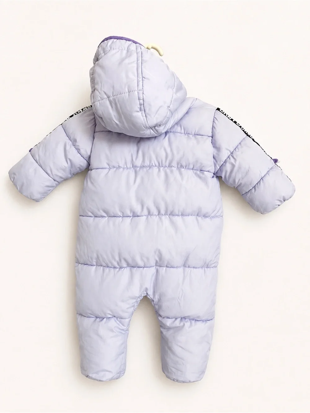 DKNY Lilac and White Baby Puffer Bunting with Hood